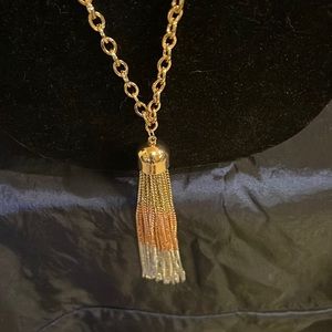 36” long necklace with tassel multi colored gold/ rose gold and silver